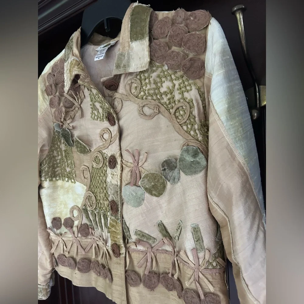 SANDY STARKMAN Silk Patchwork 3D Applique Jacket Art Wear Lagenlook Funky Size M